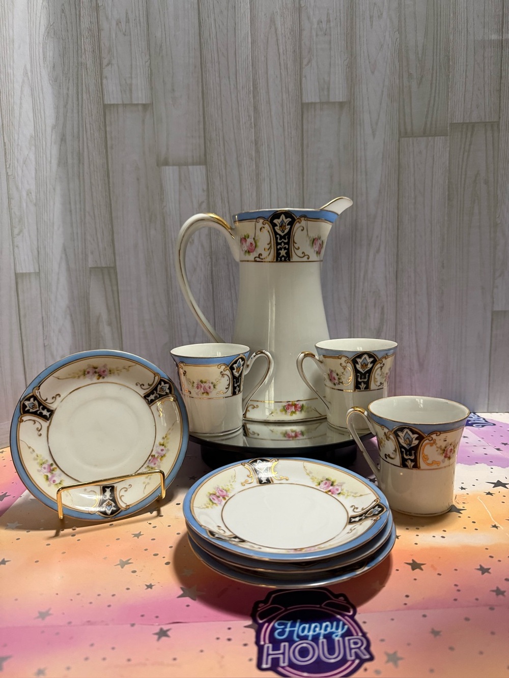 Antique Noritake M Wreath Japan 8pc Pitcher Cup Saucer Set Roses Blue Gold